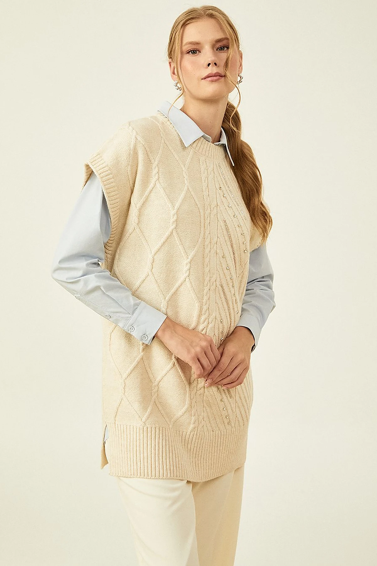 Knitted Patterned Knit Sweater Cream