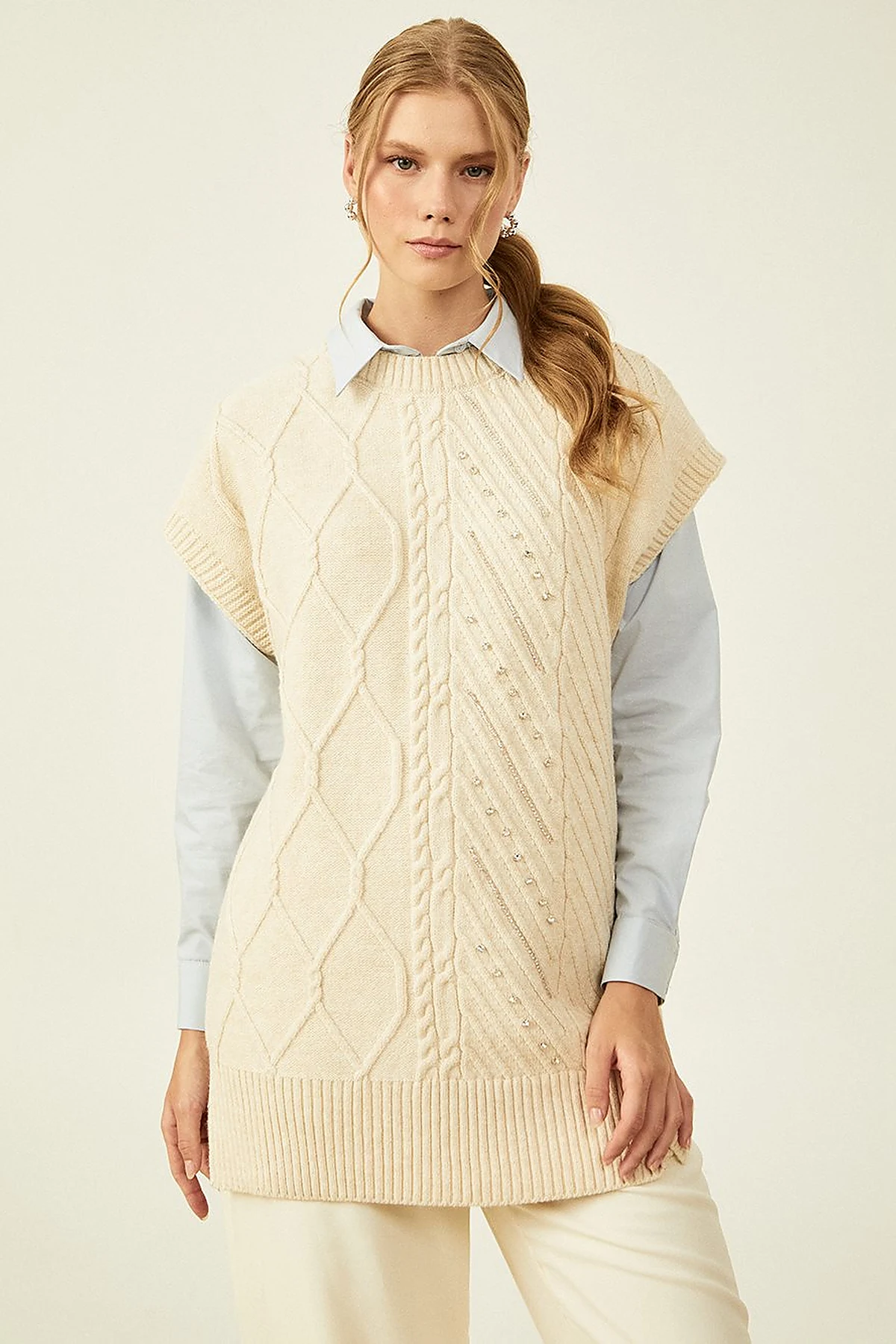 Knitted Patterned Knit Sweater Cream