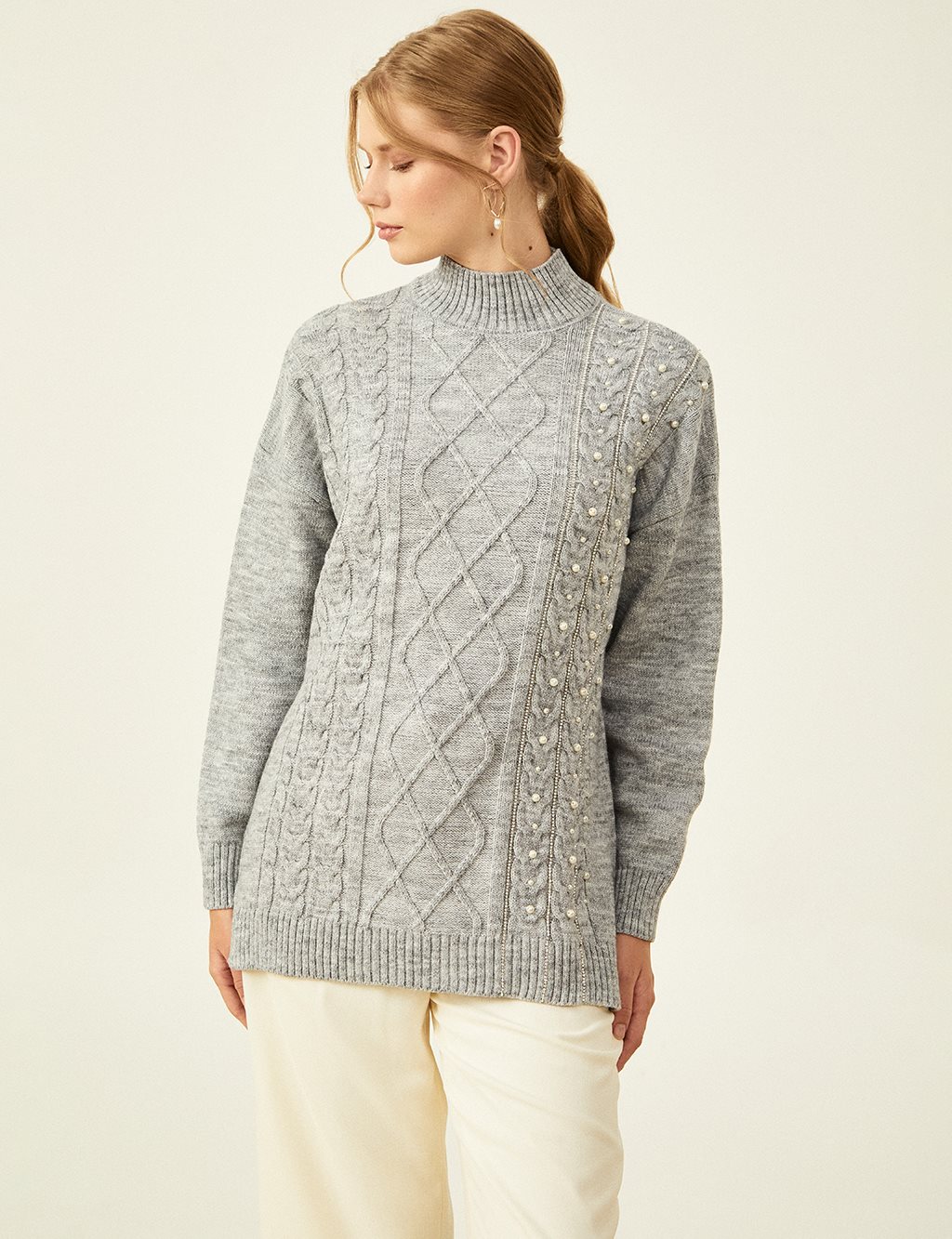 Knitted Patterned Knit Tunic Gray