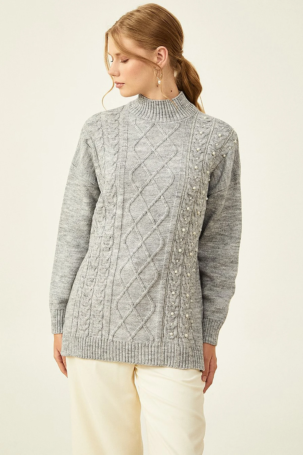 Knitted Patterned Knit Tunic Gray