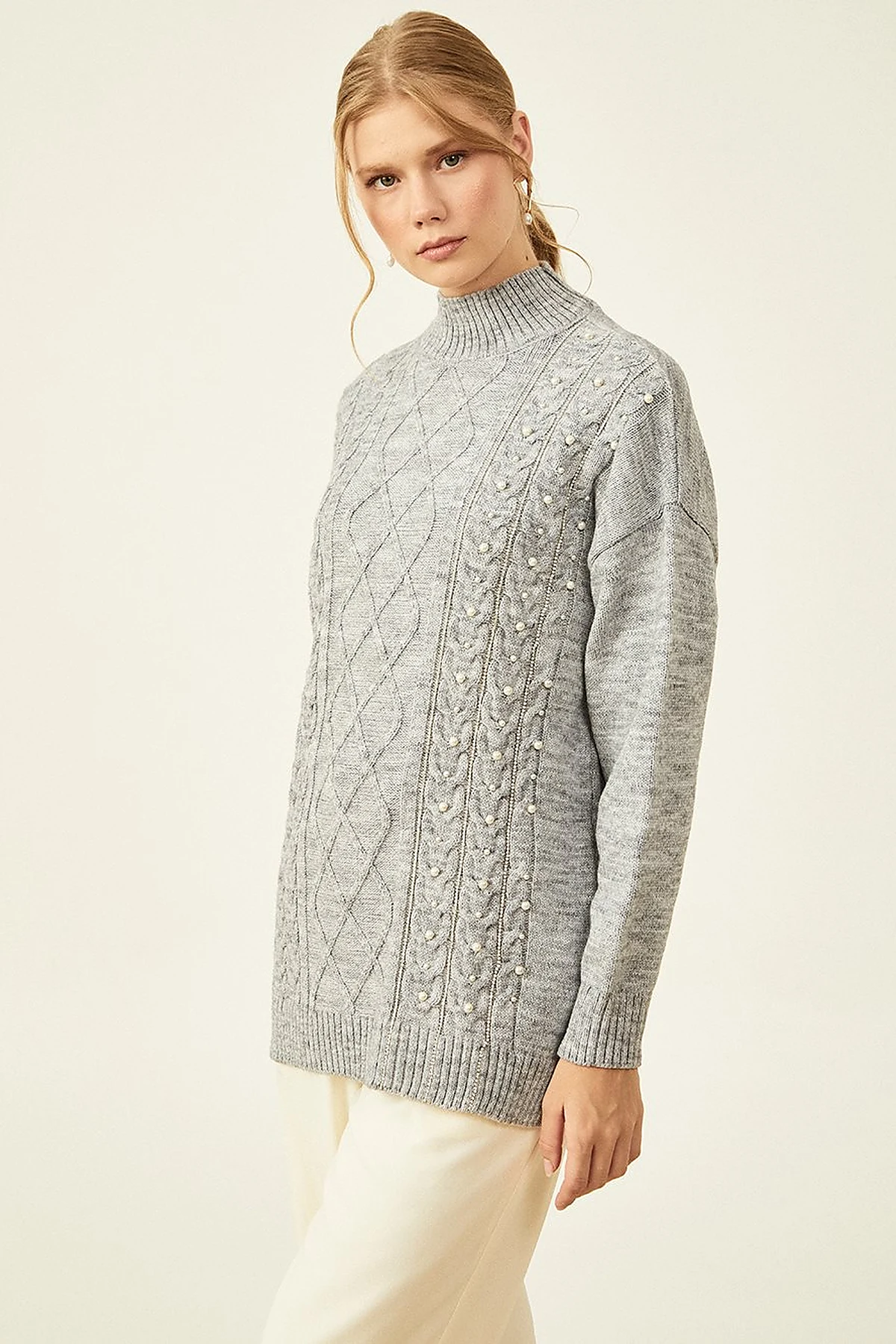 Knitted Patterned Knit Tunic Gray