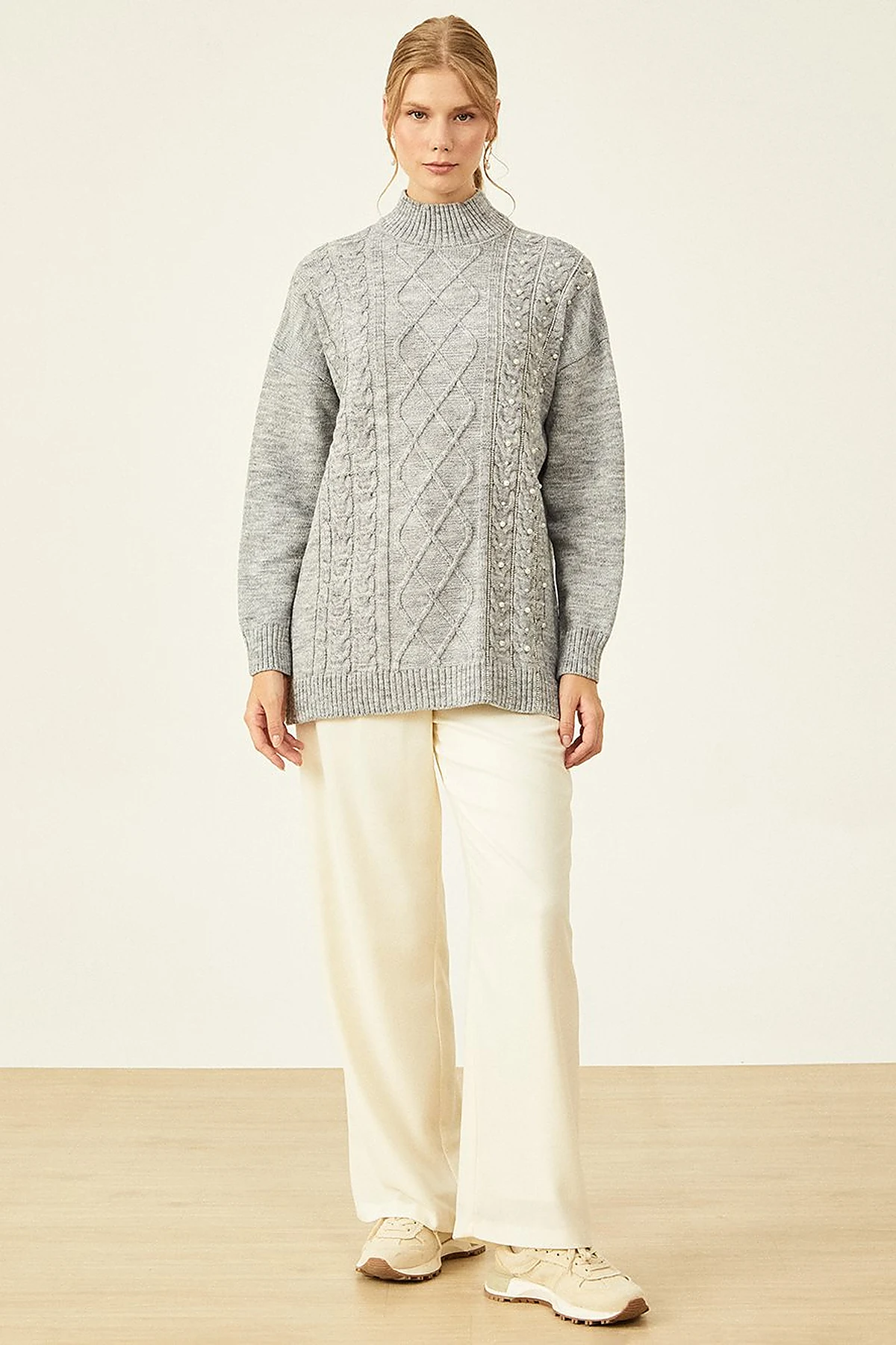 Knitted Patterned Knit Tunic Gray