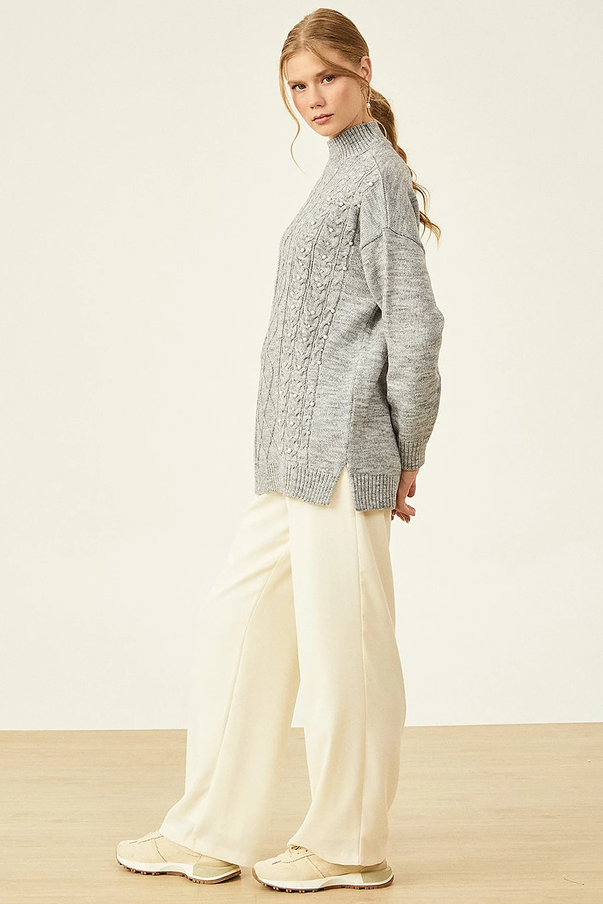 Knitted Patterned Knit Tunic Gray