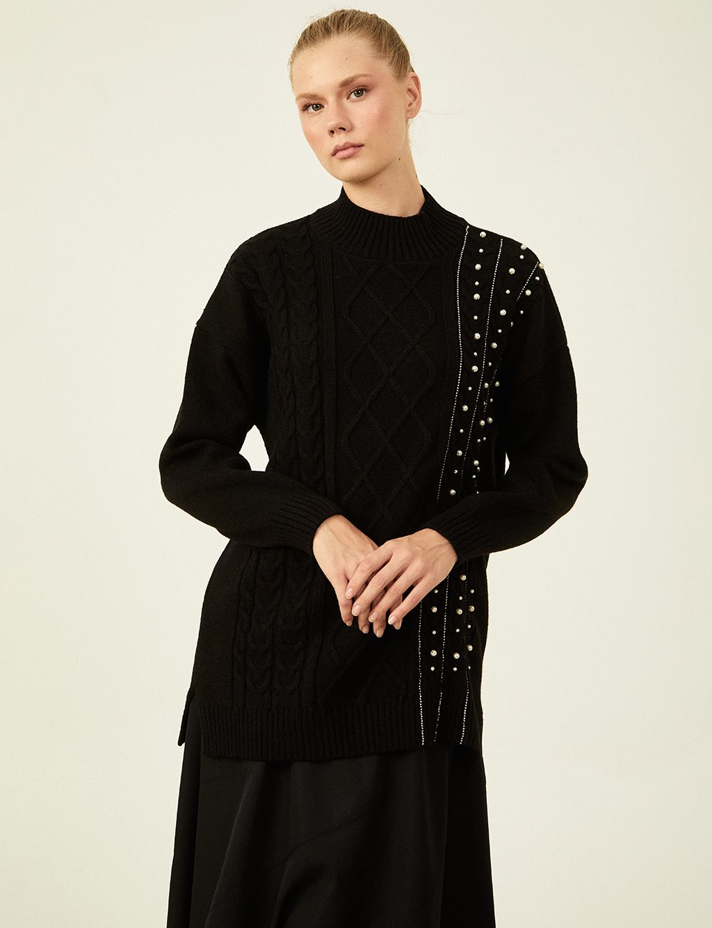 Knitted Patterned Knit Tunic Black