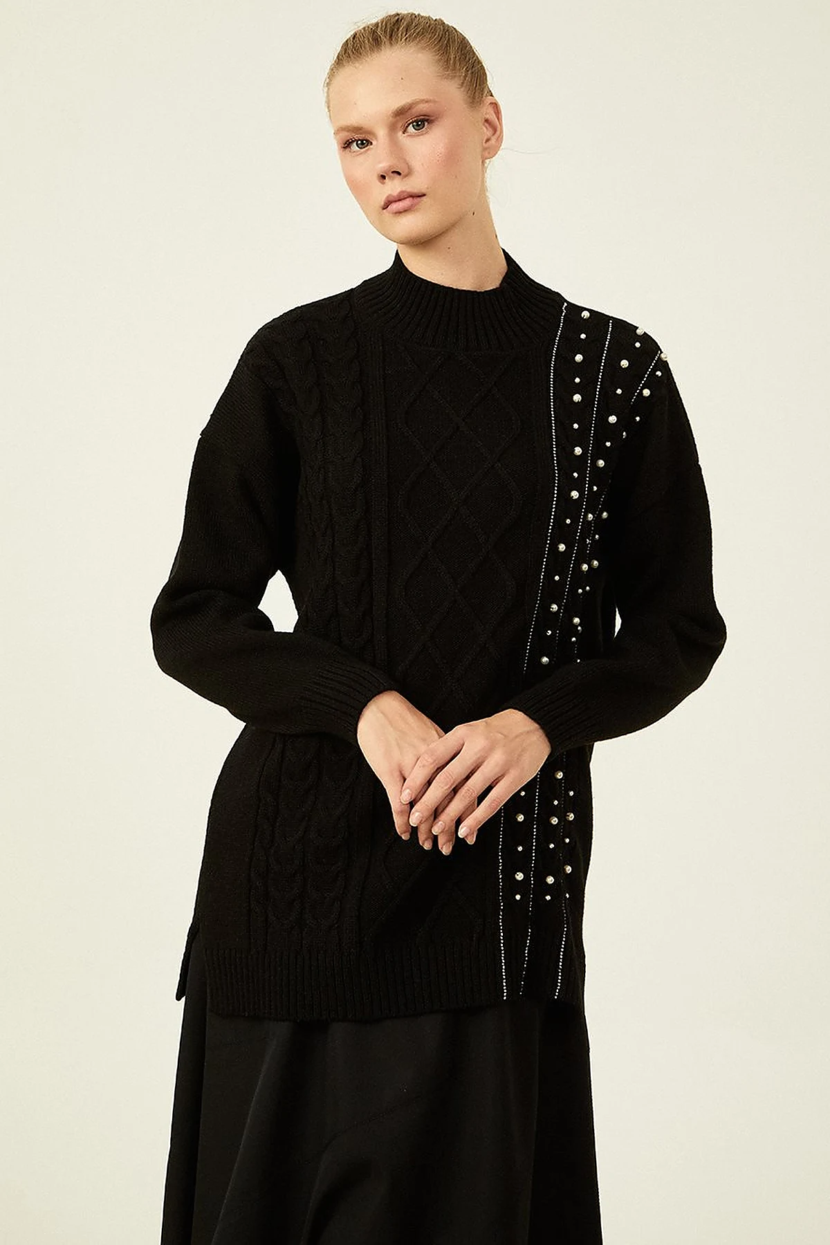 Knitted Patterned Knit Tunic Black
