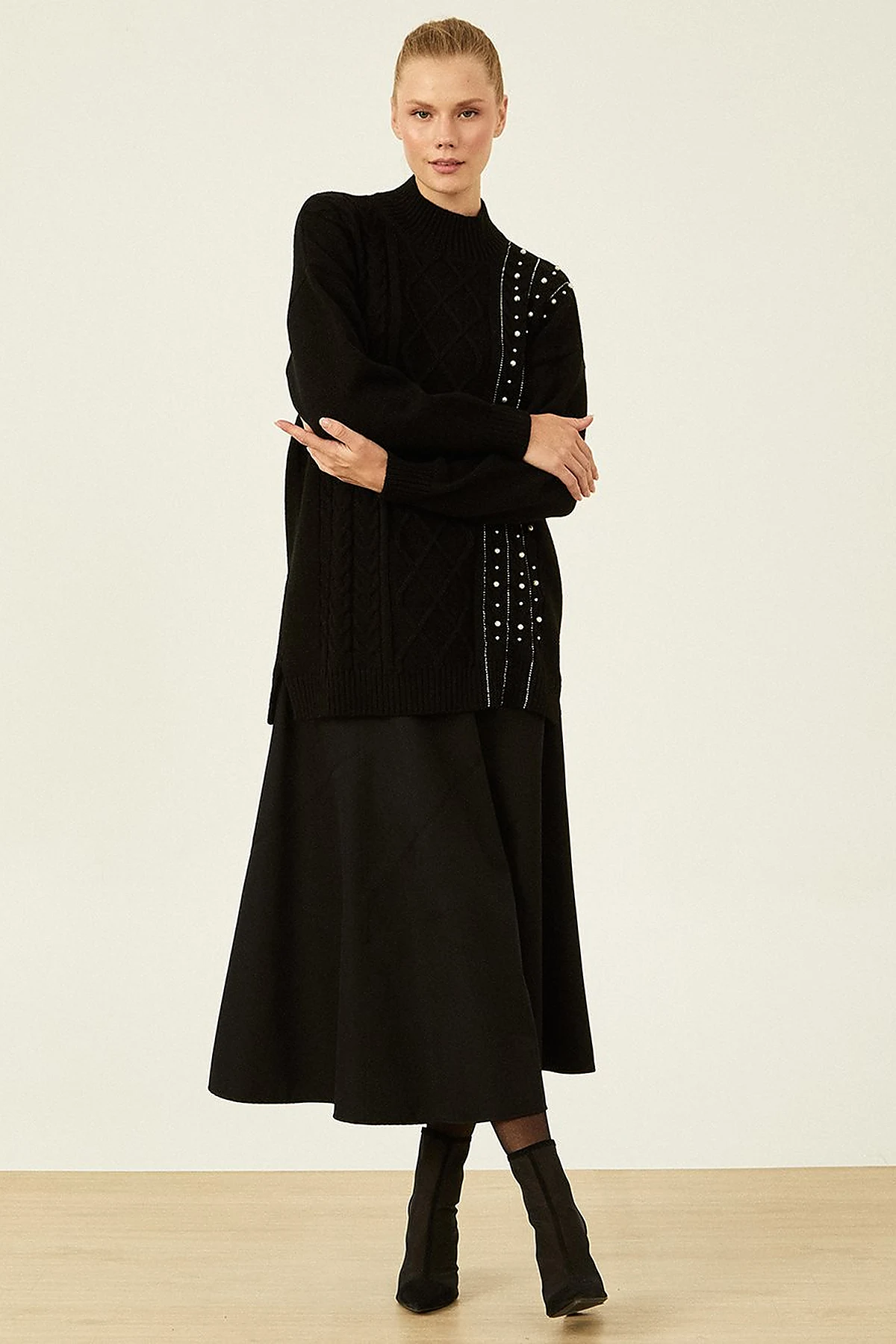 Knitted Patterned Knit Tunic Black
