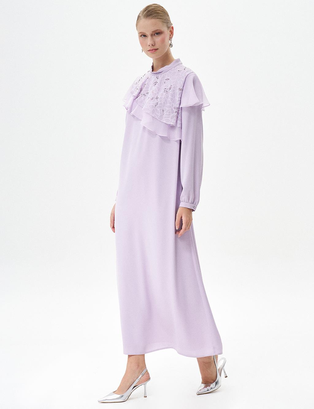 Embroidered Ruffle Neck Dress Lilac