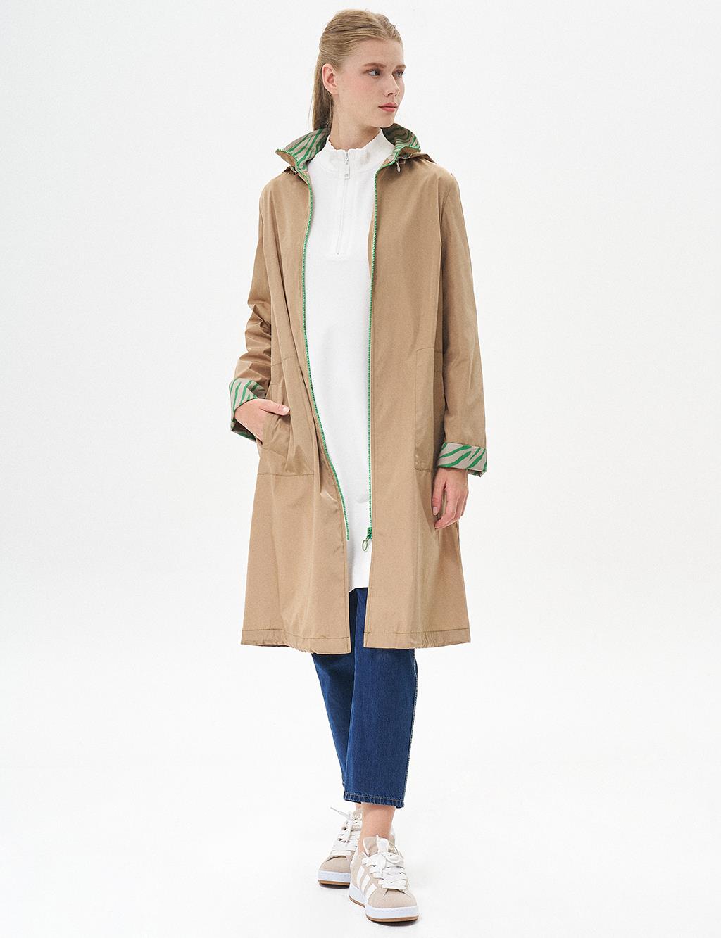 Zippered Garnished Trench Coat Beige