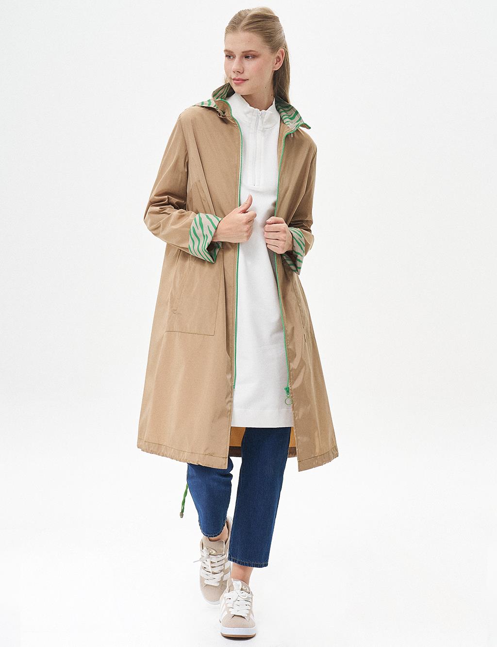 Zippered Garnished Trench Coat Beige