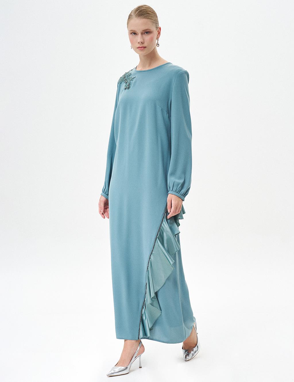 Flocked Wide Collar Embroidered Dress Mint