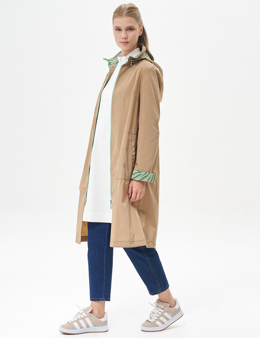 Zippered Garnished Trench Coat Beige