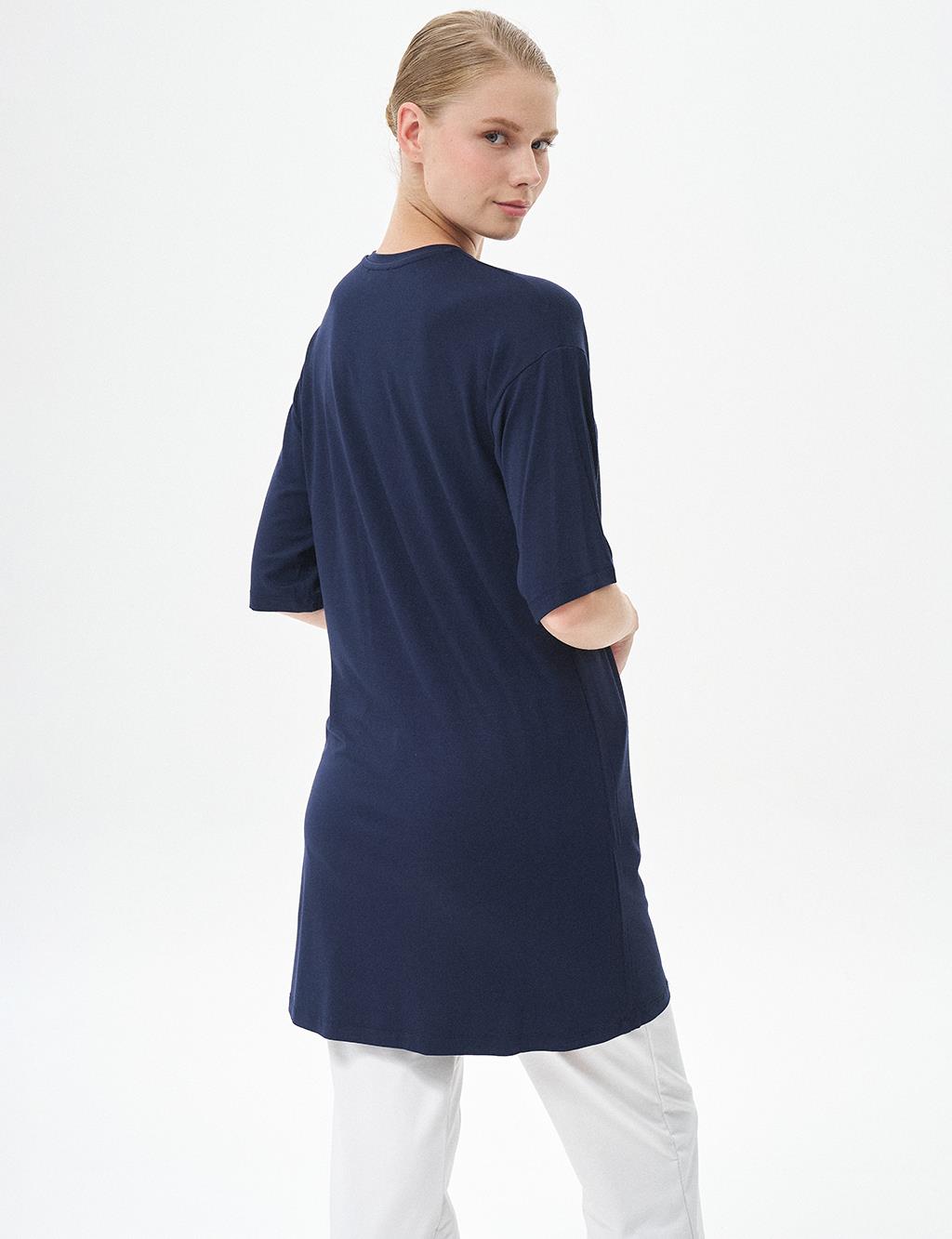 Collar Basic Short Sleeved T-shirt Navy Blue