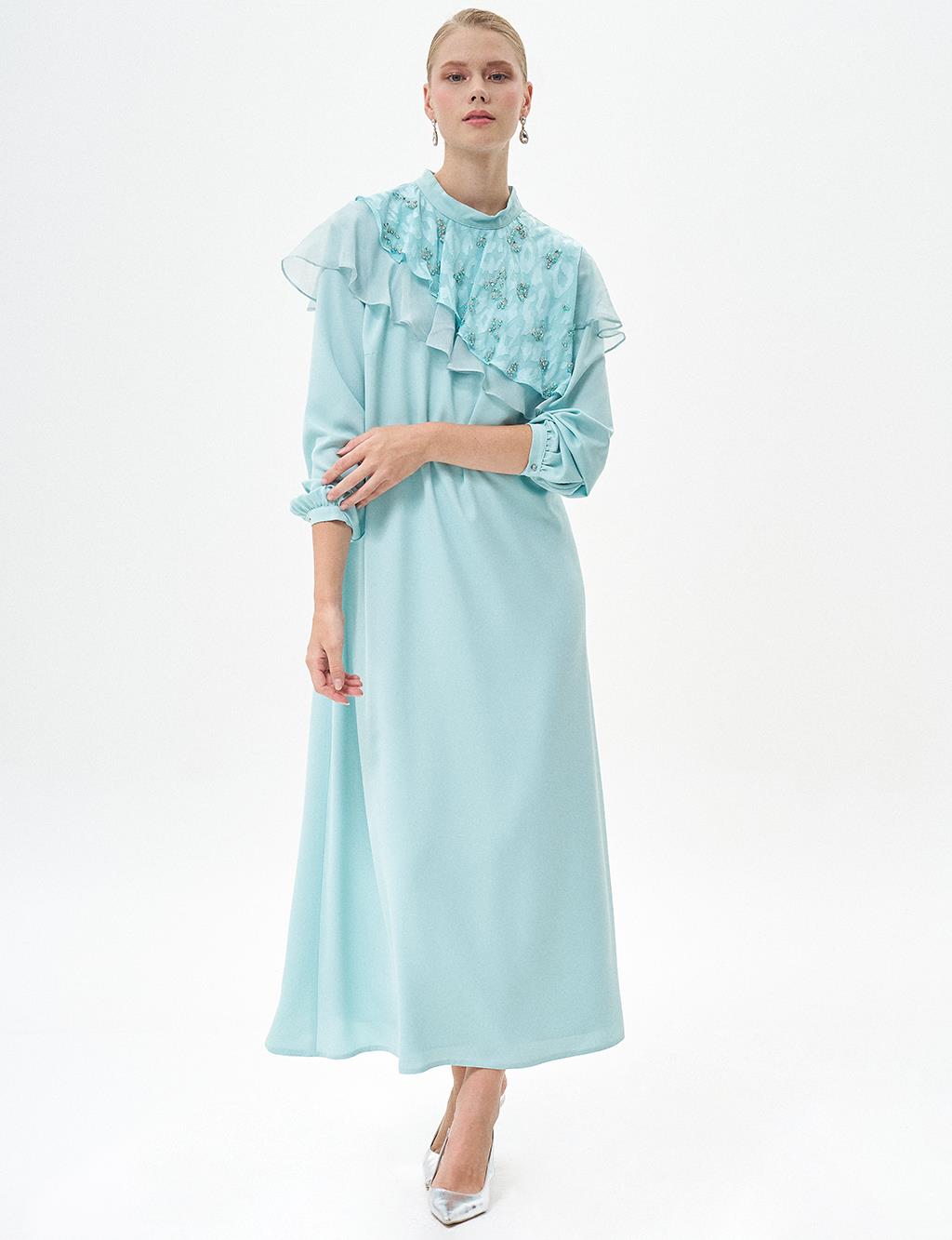 Embroidered Ruffle Neck Dress Nile Green