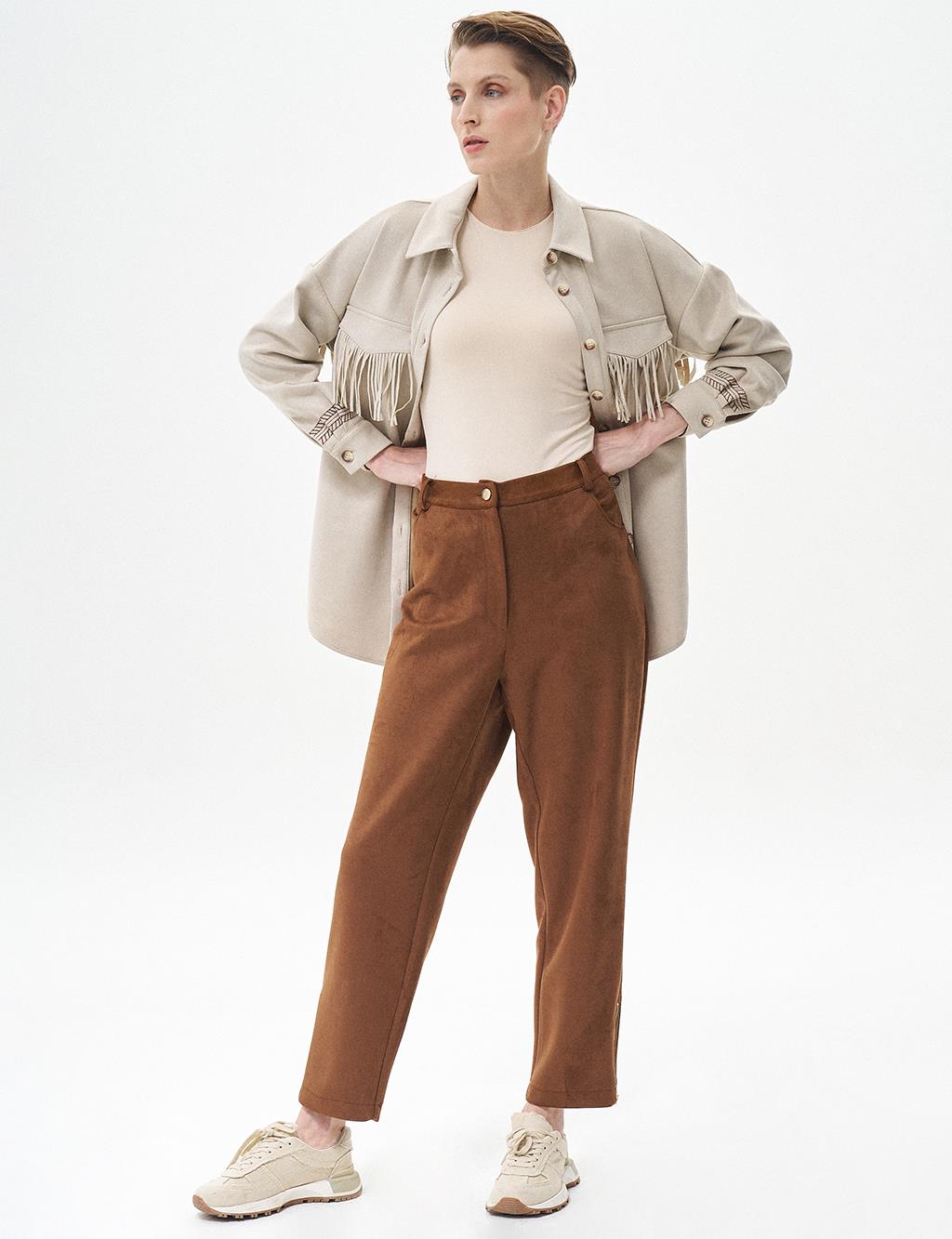 Elastic Waist Pocket Camel Trousers