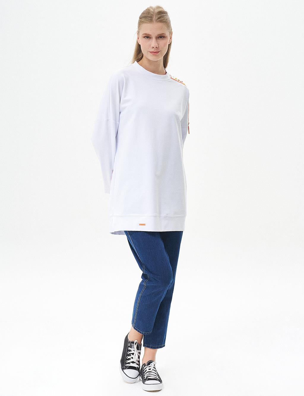 Embroidered Shoulder Zero Collar Tunic Optic White