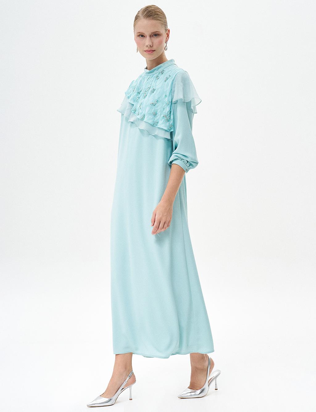 Embroidered Ruffle Neck Dress Nile Green