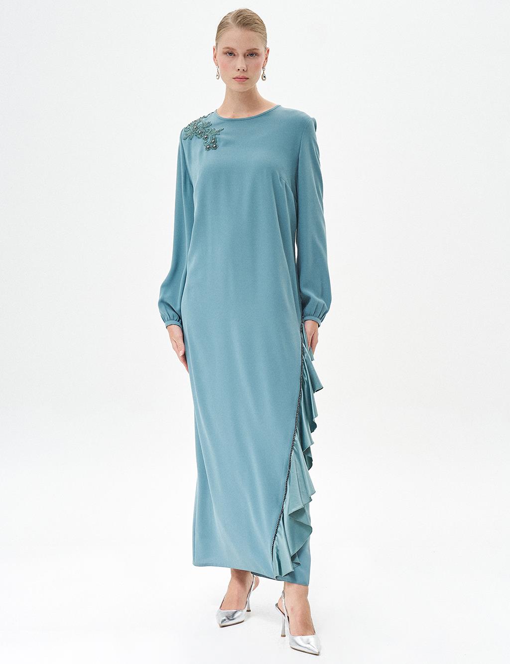 Flocked Wide Collar Embroidered Dress Mint