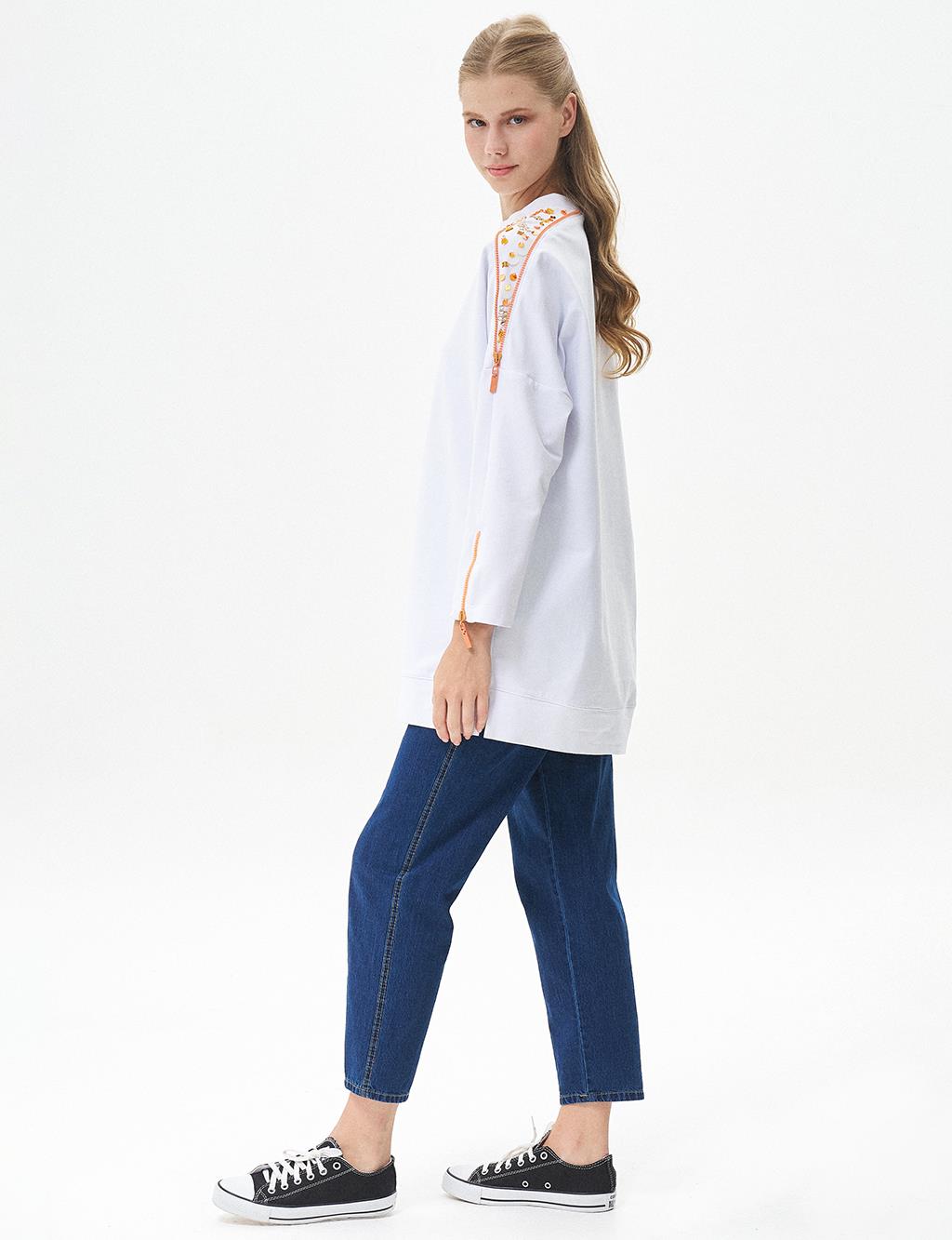 Embroidered Shoulder Zero Collar Tunic Optic White