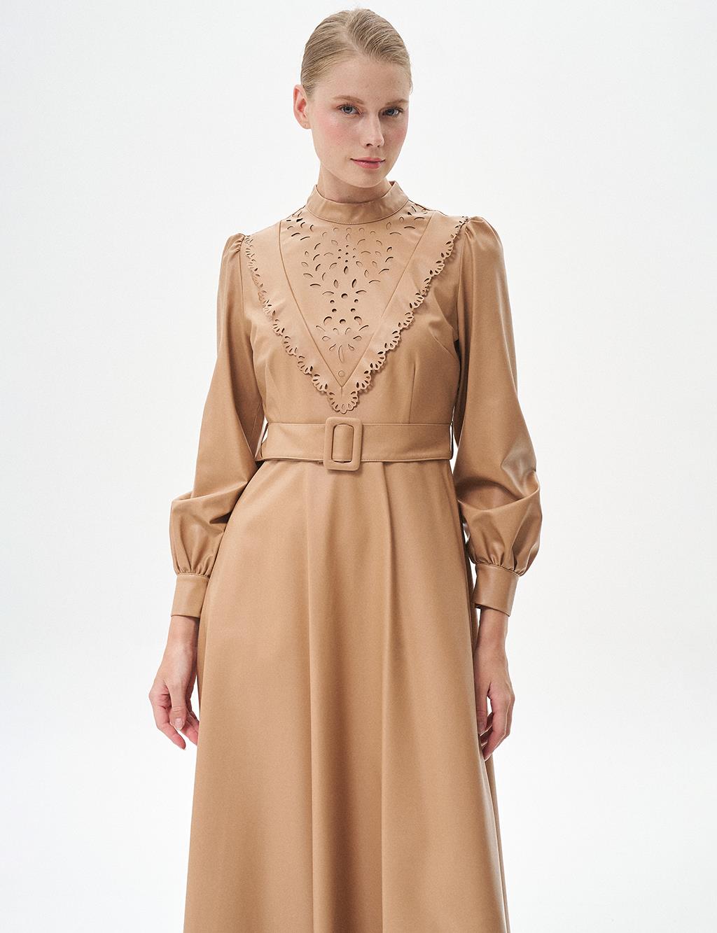 Laser Cut Full Length Faux Leather Dress Beige