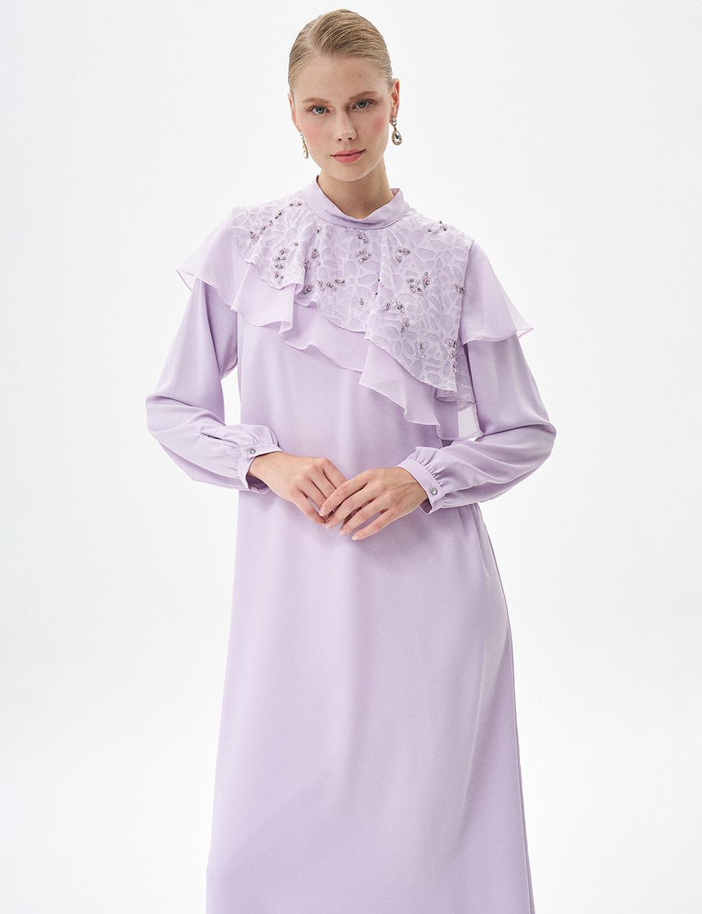 Embroidered Ruffle Neck Dress Lilac