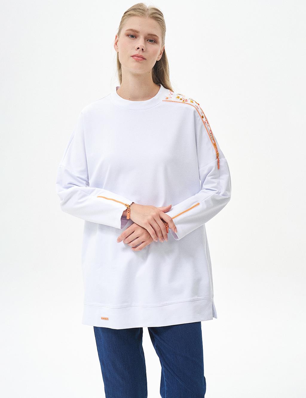 Embroidered Shoulder Zero Collar Tunic Optic White