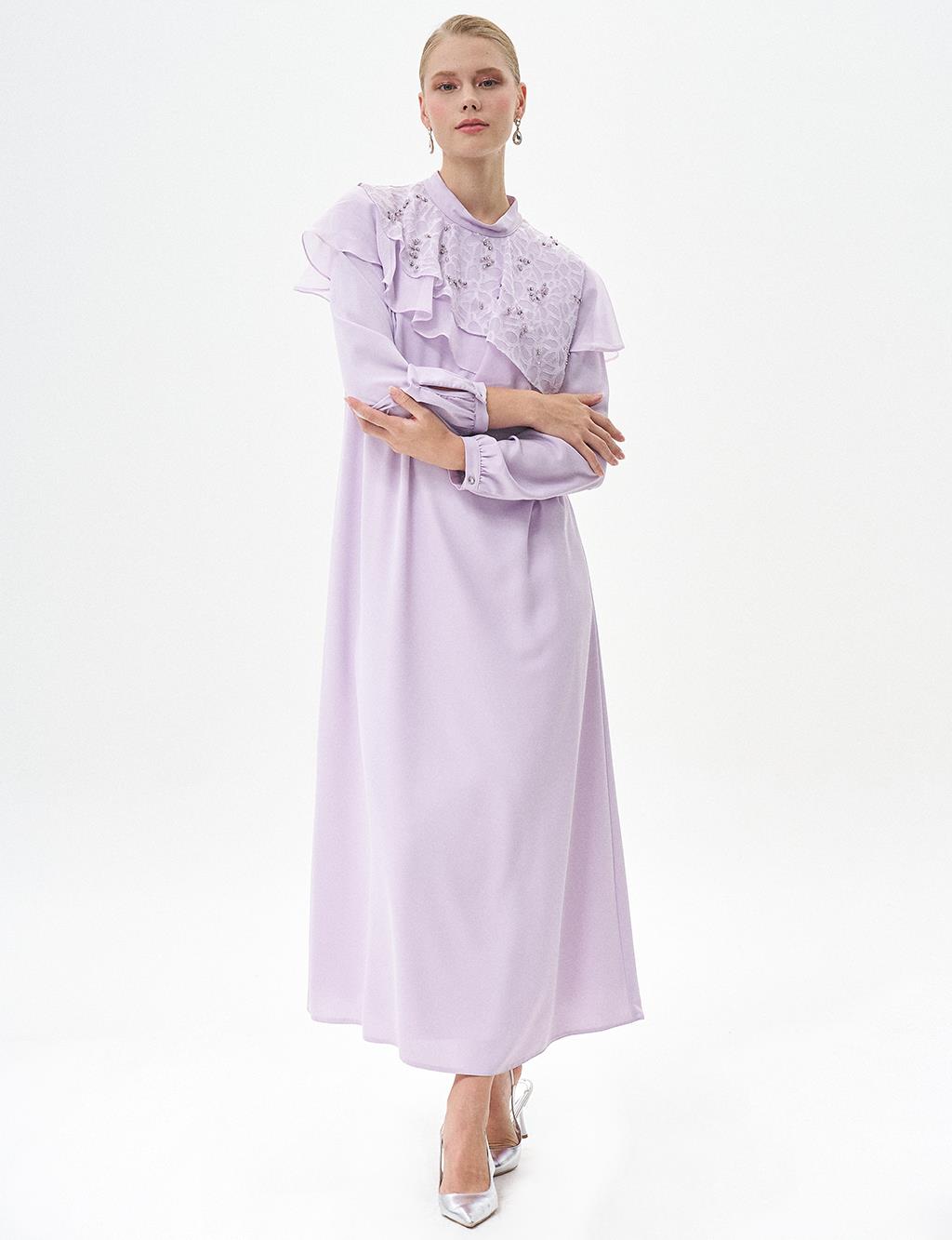 Embroidered Ruffle Neck Dress Lilac