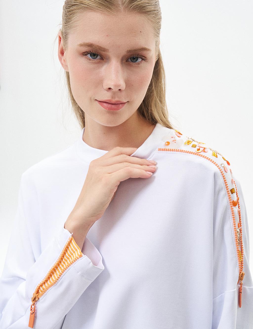 Embroidered Shoulder Zero Collar Tunic Optic White