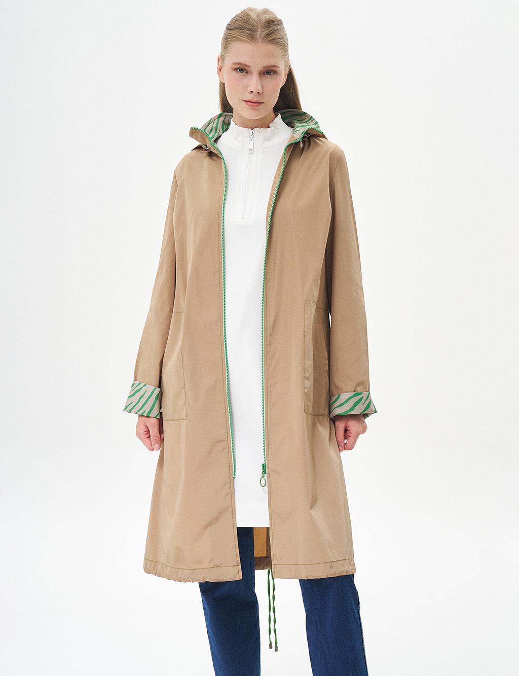 Zippered Garnished Trench Coat Beige