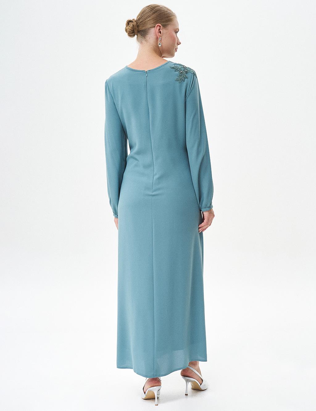 Flocked Wide Collar Embroidered Dress Mint