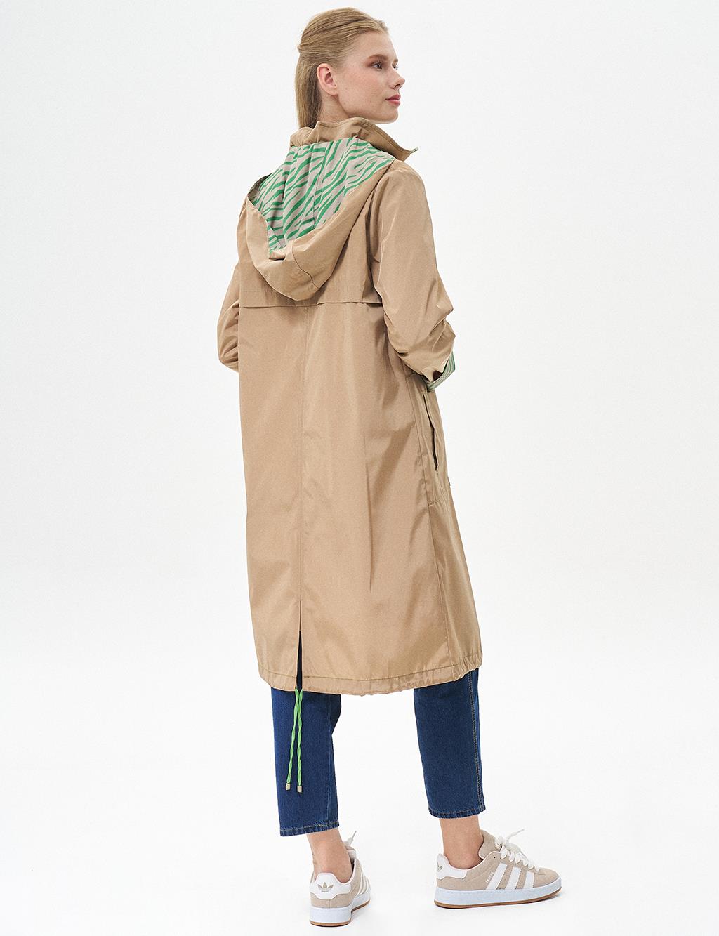 Zippered Garnished Trench Coat Beige