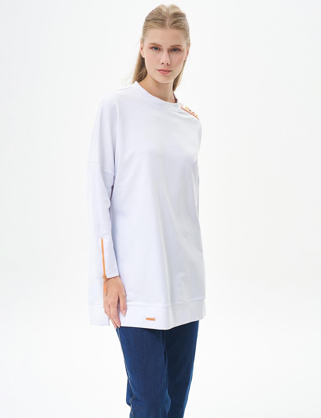 Embroidered Shoulder Zero Collar Tunic Optic White