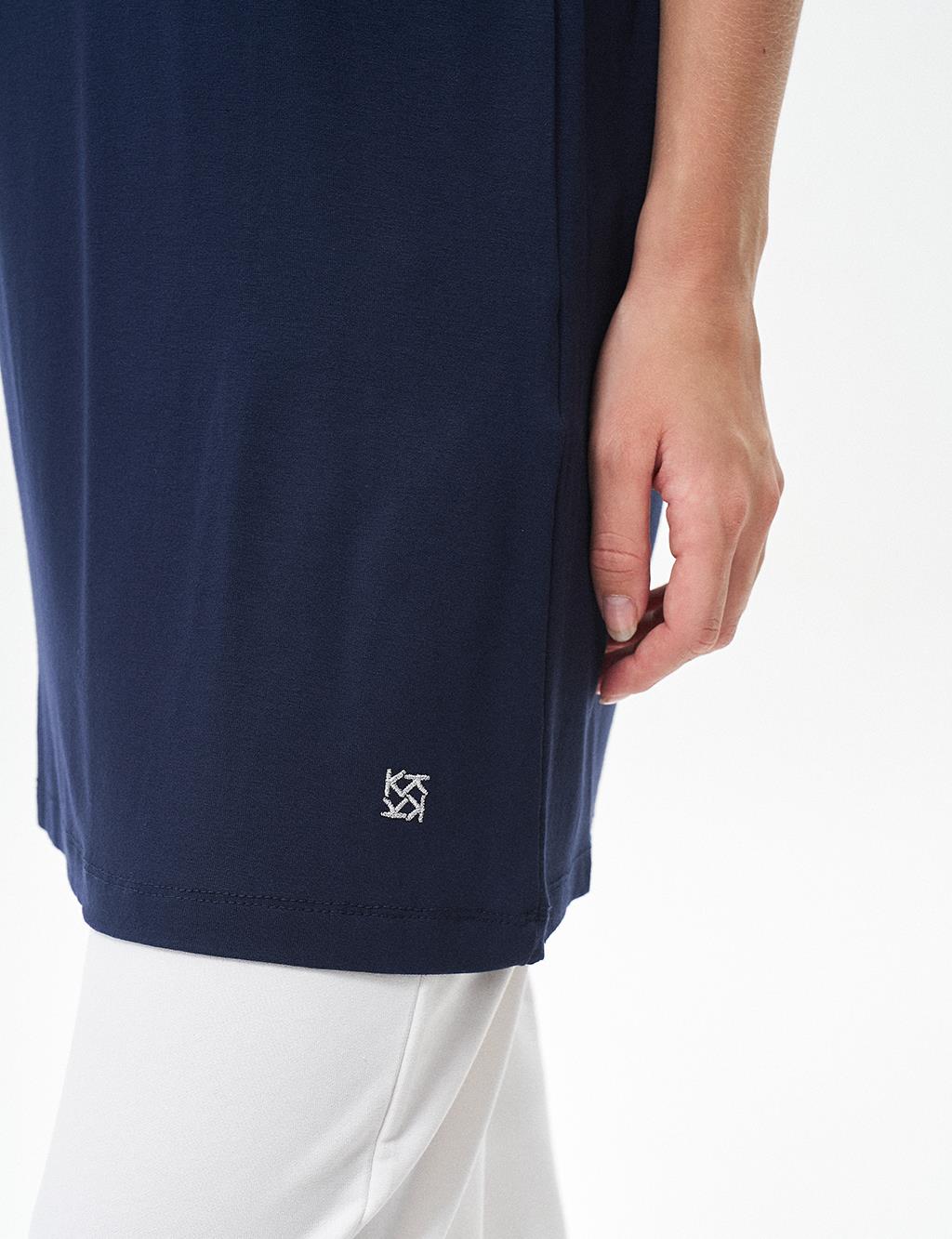 Collar Basic Short Sleeved T-shirt Navy Blue