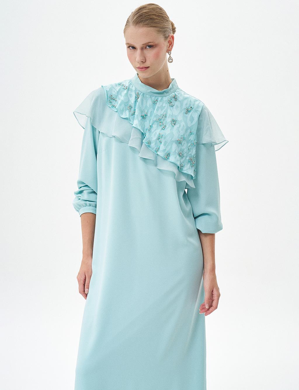 Embroidered Ruffle Neck Dress Nile Green