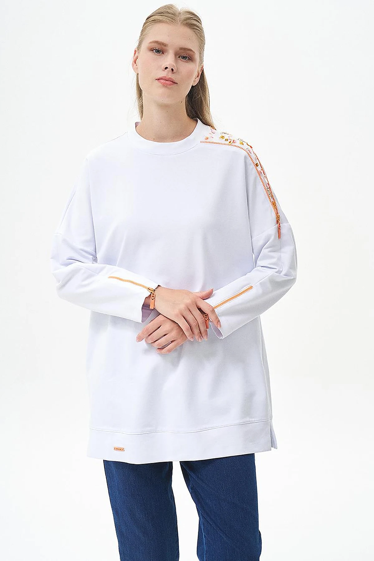 Embroidered Shoulder Zero Collar Tunic Optic White