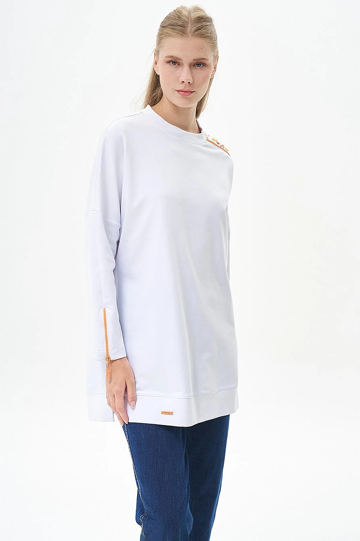 Embroidered Shoulder Zero Collar Tunic Optic White