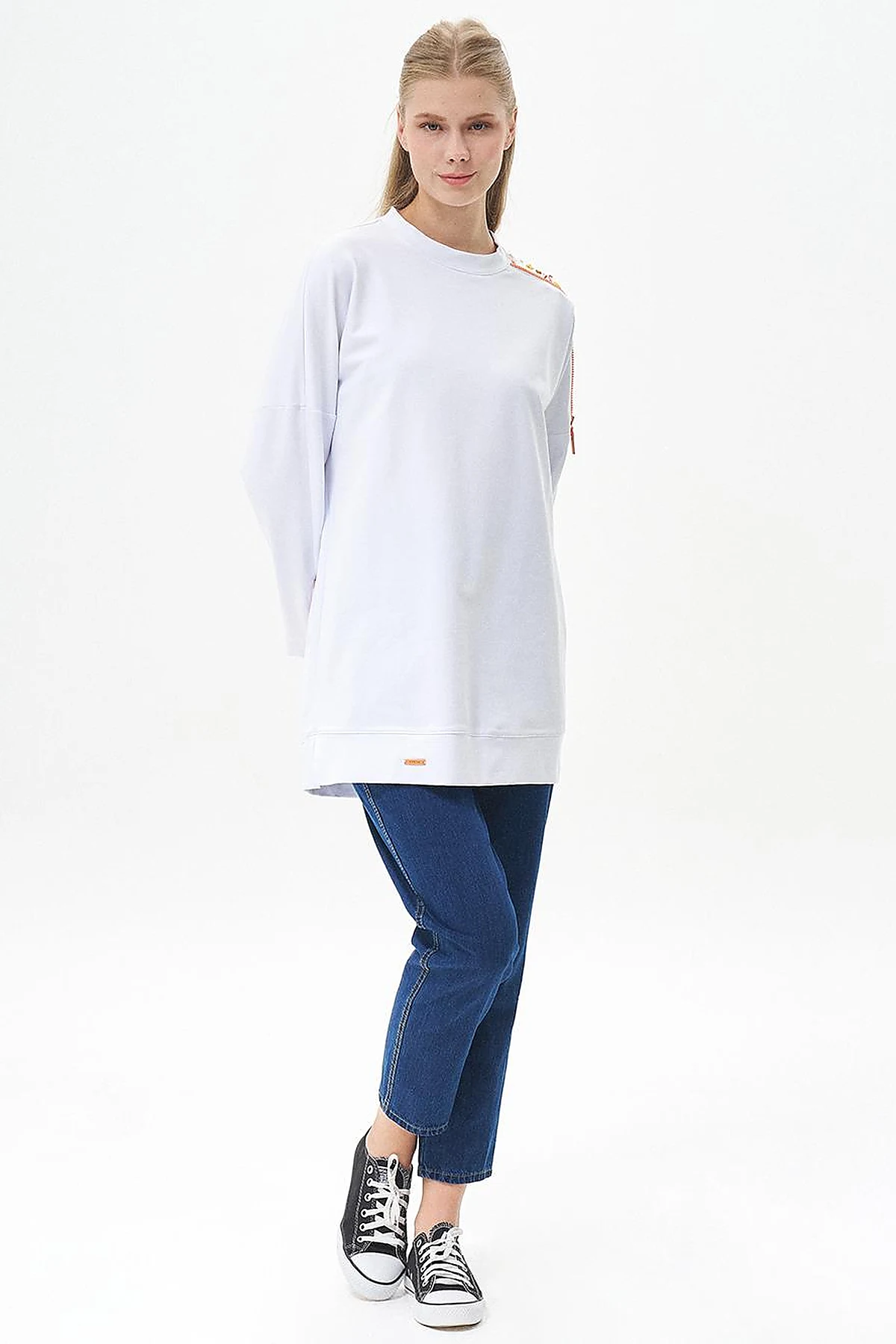 Embroidered Shoulder Zero Collar Tunic Optic White