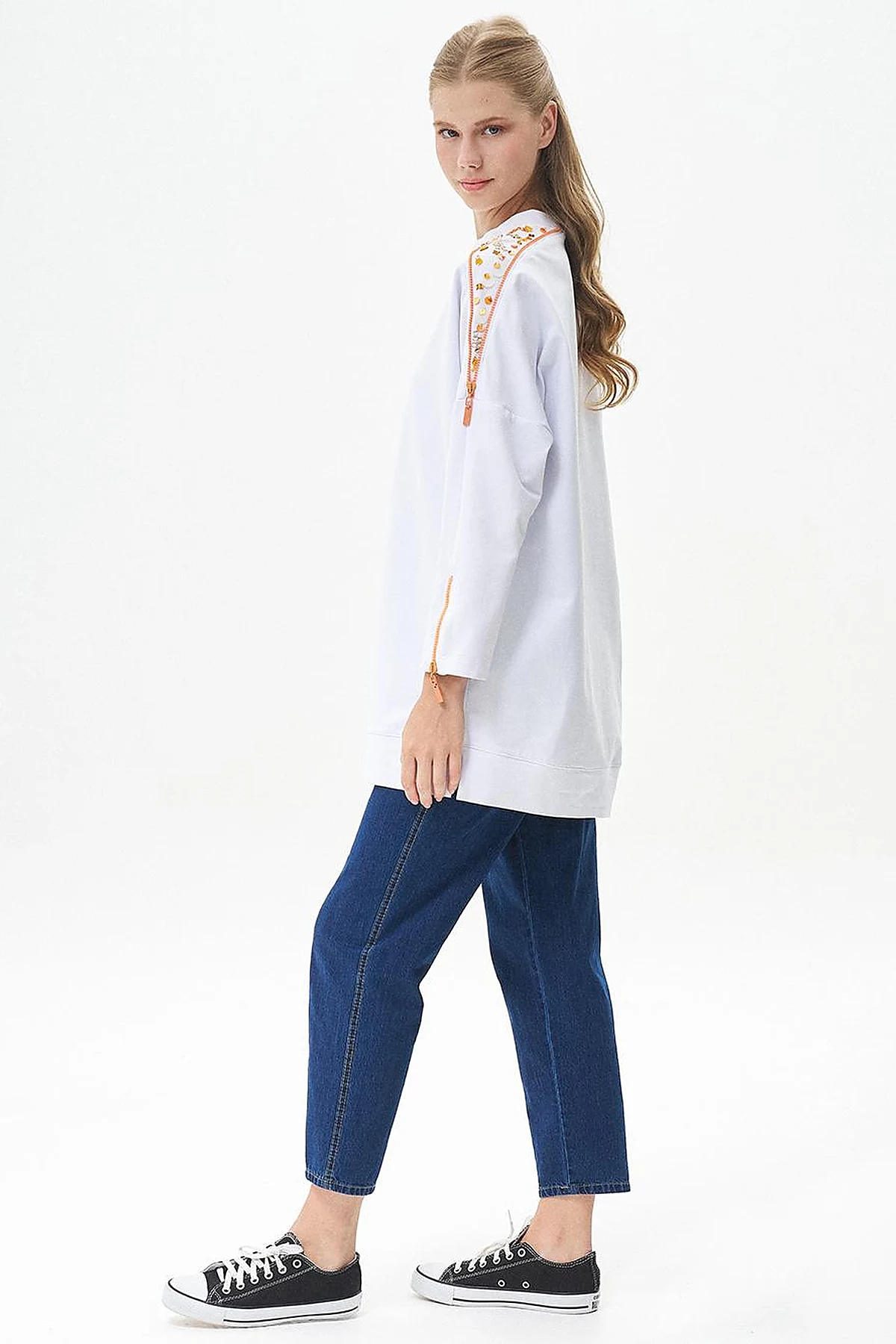 Embroidered Shoulder Zero Collar Tunic Optic White