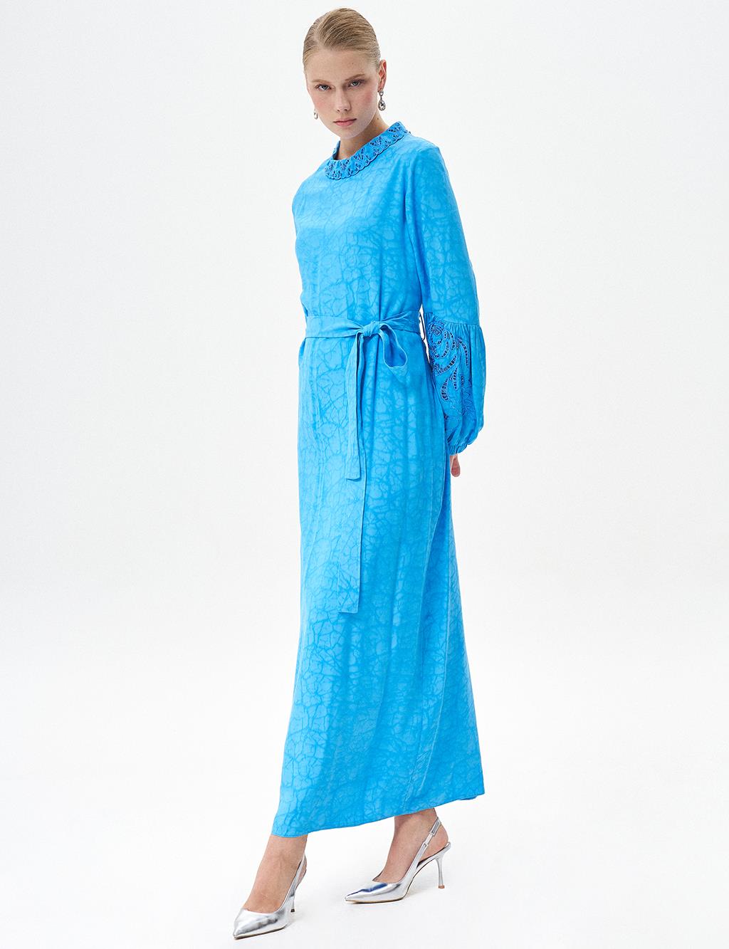 Abstract Pattern Embroidered Dress Sky Blue