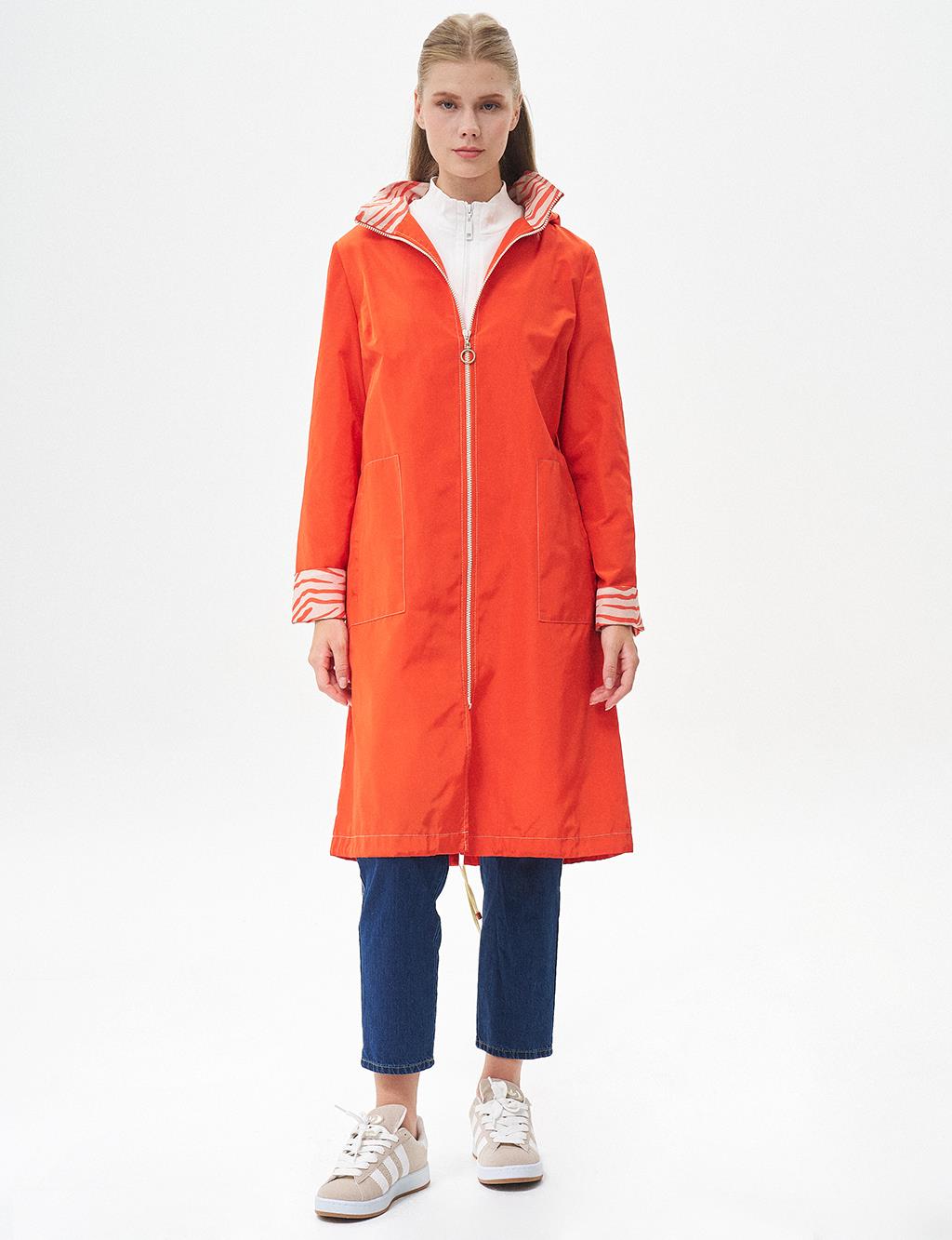 Zippered Garnished Trench Coat Coral