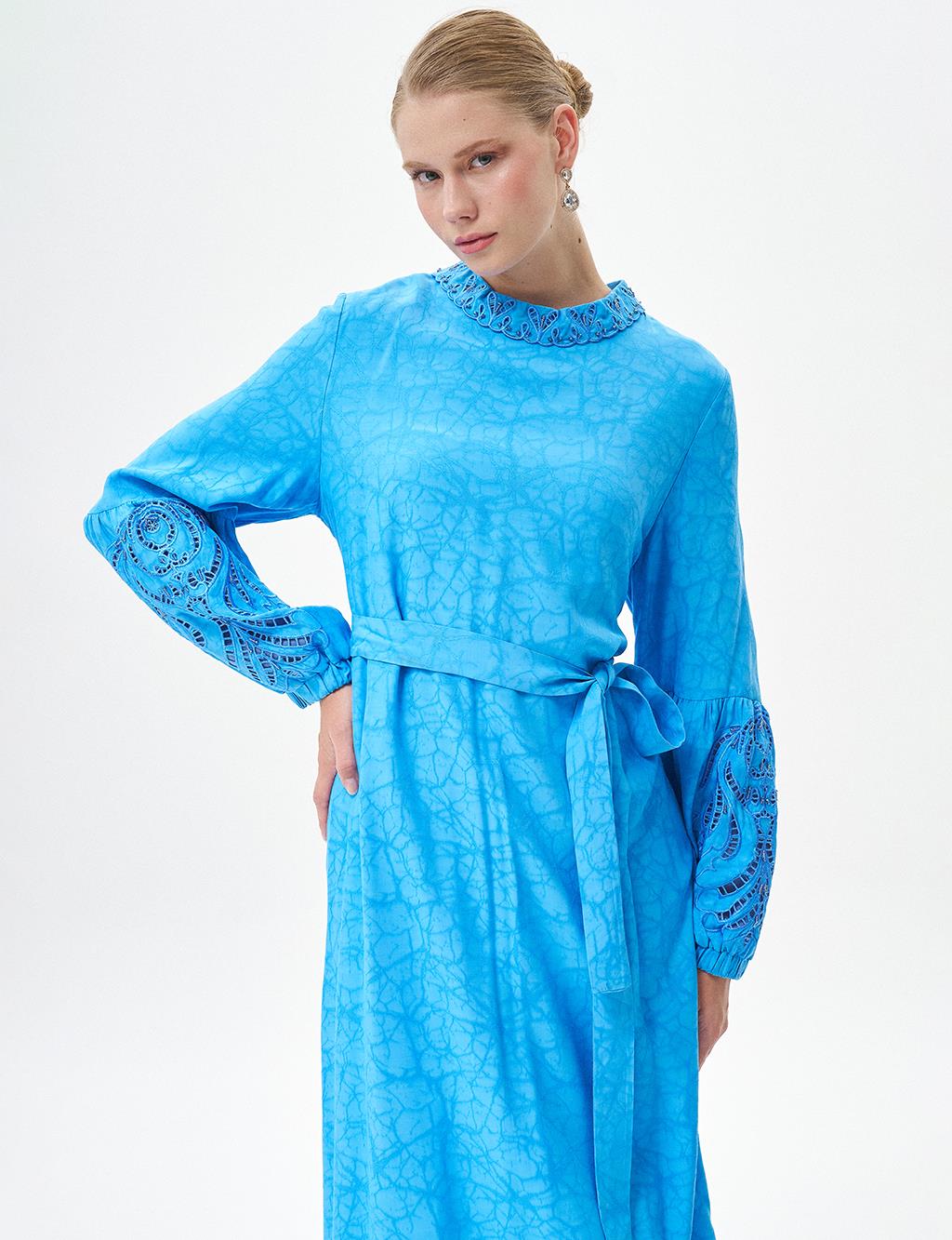 Abstract Pattern Embroidered Dress Sky Blue