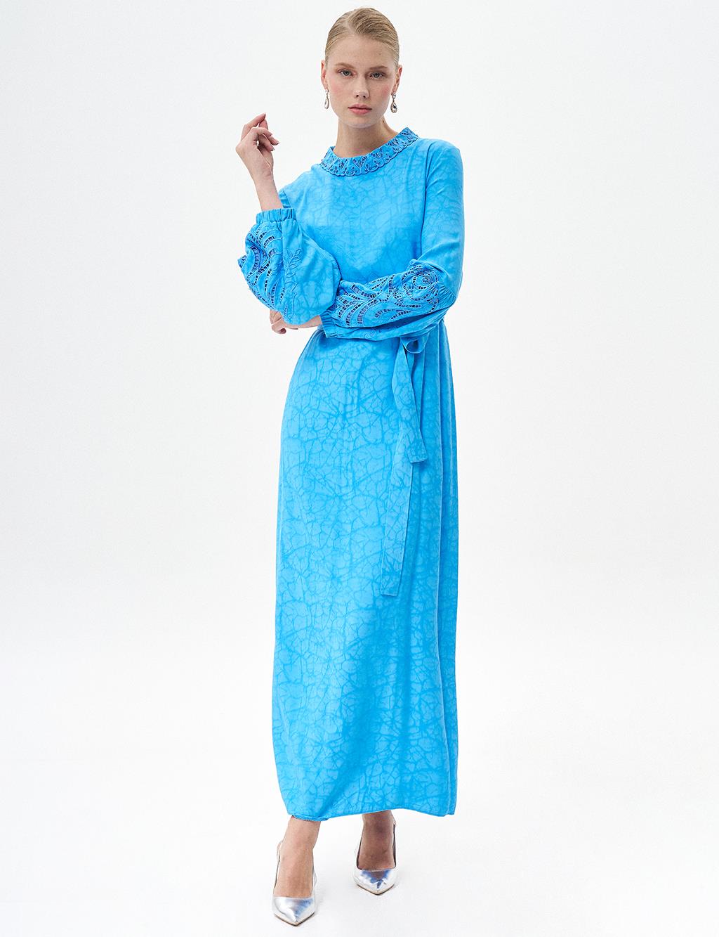 Abstract Pattern Embroidered Dress Sky Blue