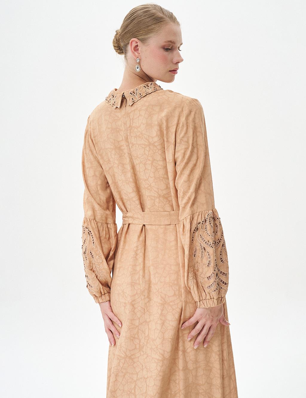 Abstract Pattern Embroidered Dress Beige