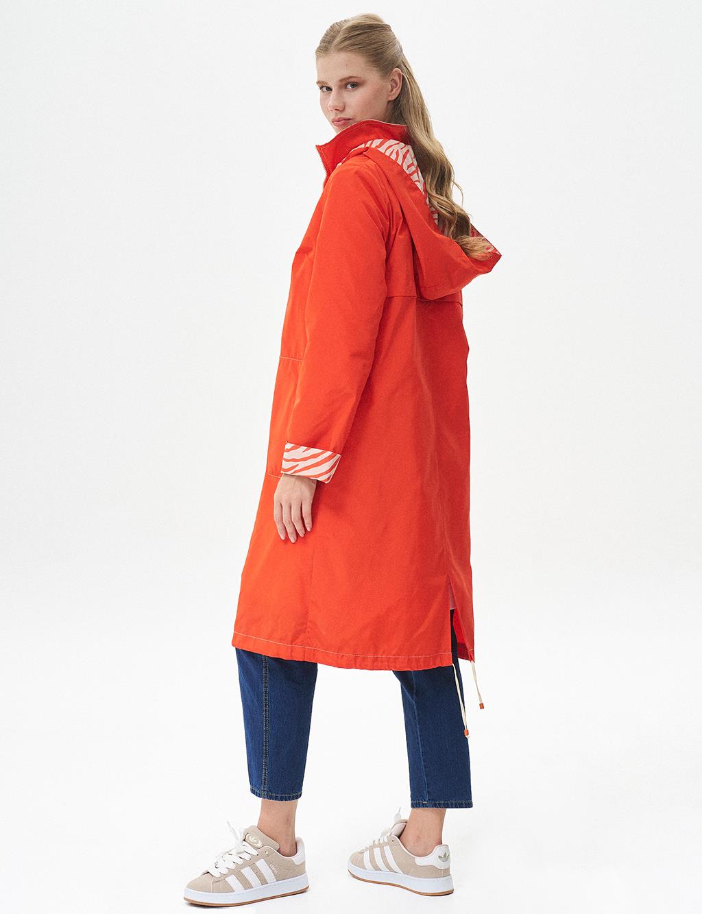 Zippered Garnished Trench Coat Coral