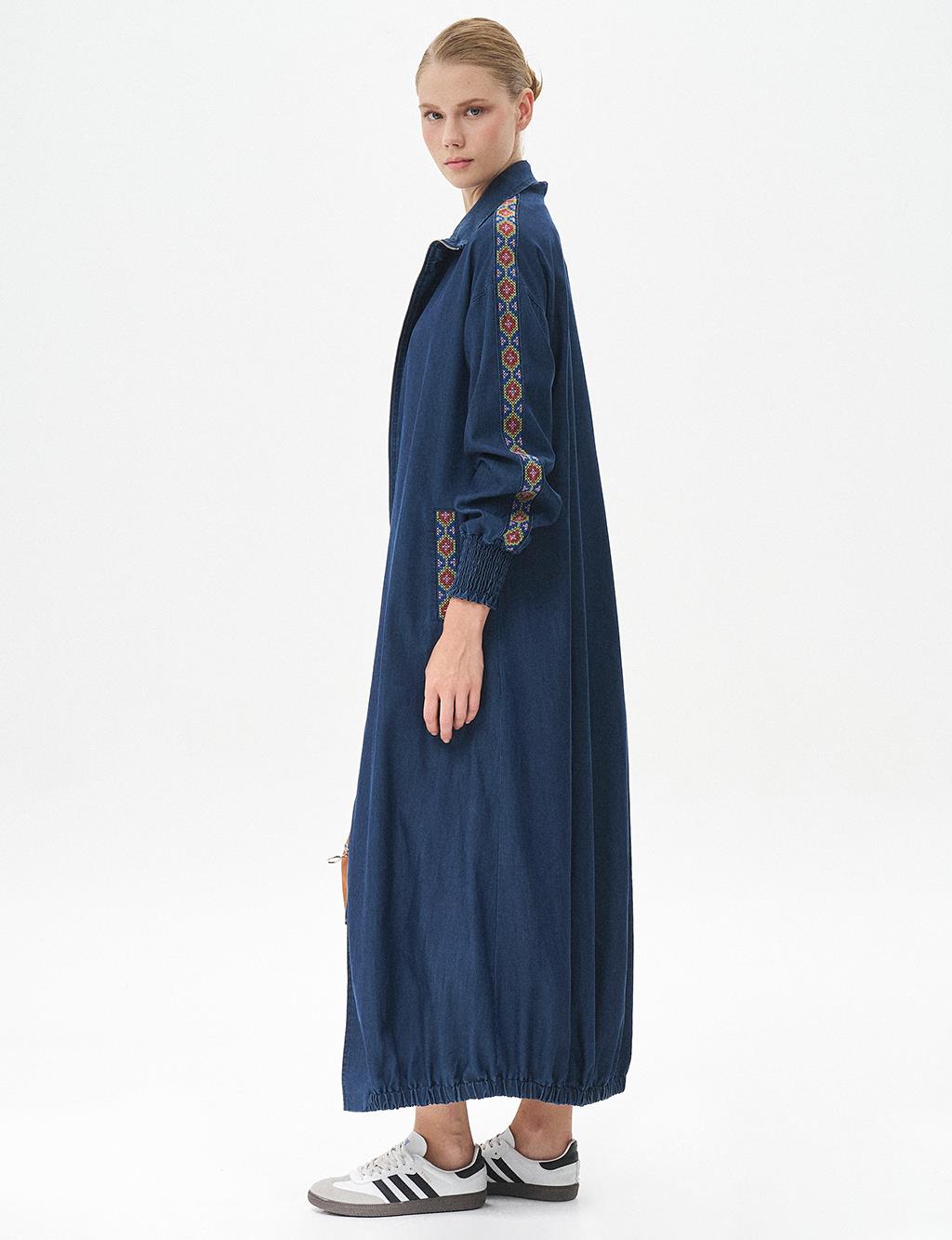 Ribbed Stand Collar Ethnic Patterned Wear-and-Go Navy Blue