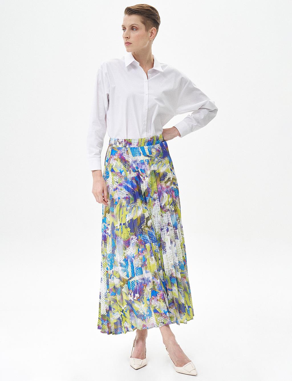 Elastic Waist Skirt with Printed Detail Saxe-Oliv