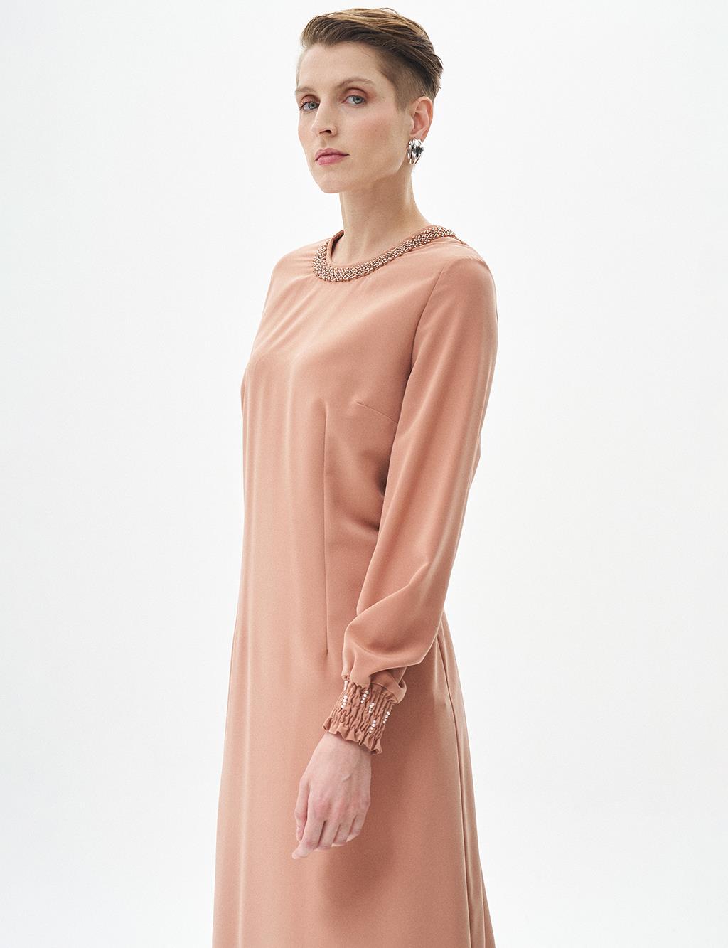 Pearl Embroidered Crew Neck Dress Mushroom