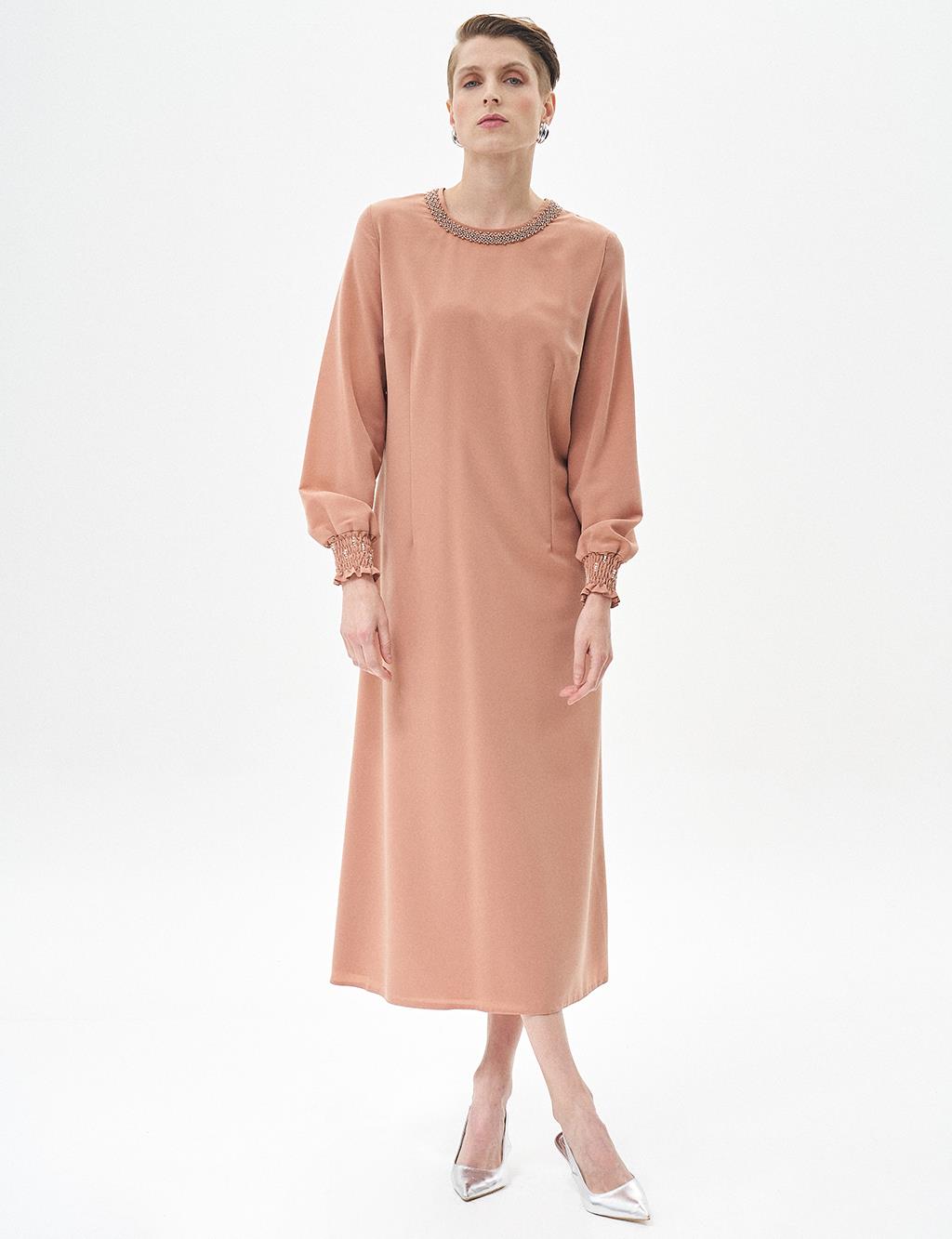 Pearl Embroidered Crew Neck Dress Mushroom