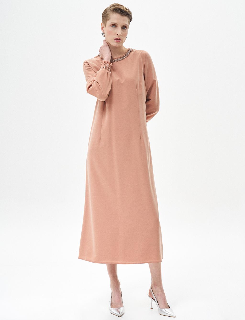 Pearl Embroidered Crew Neck Dress Mushroom