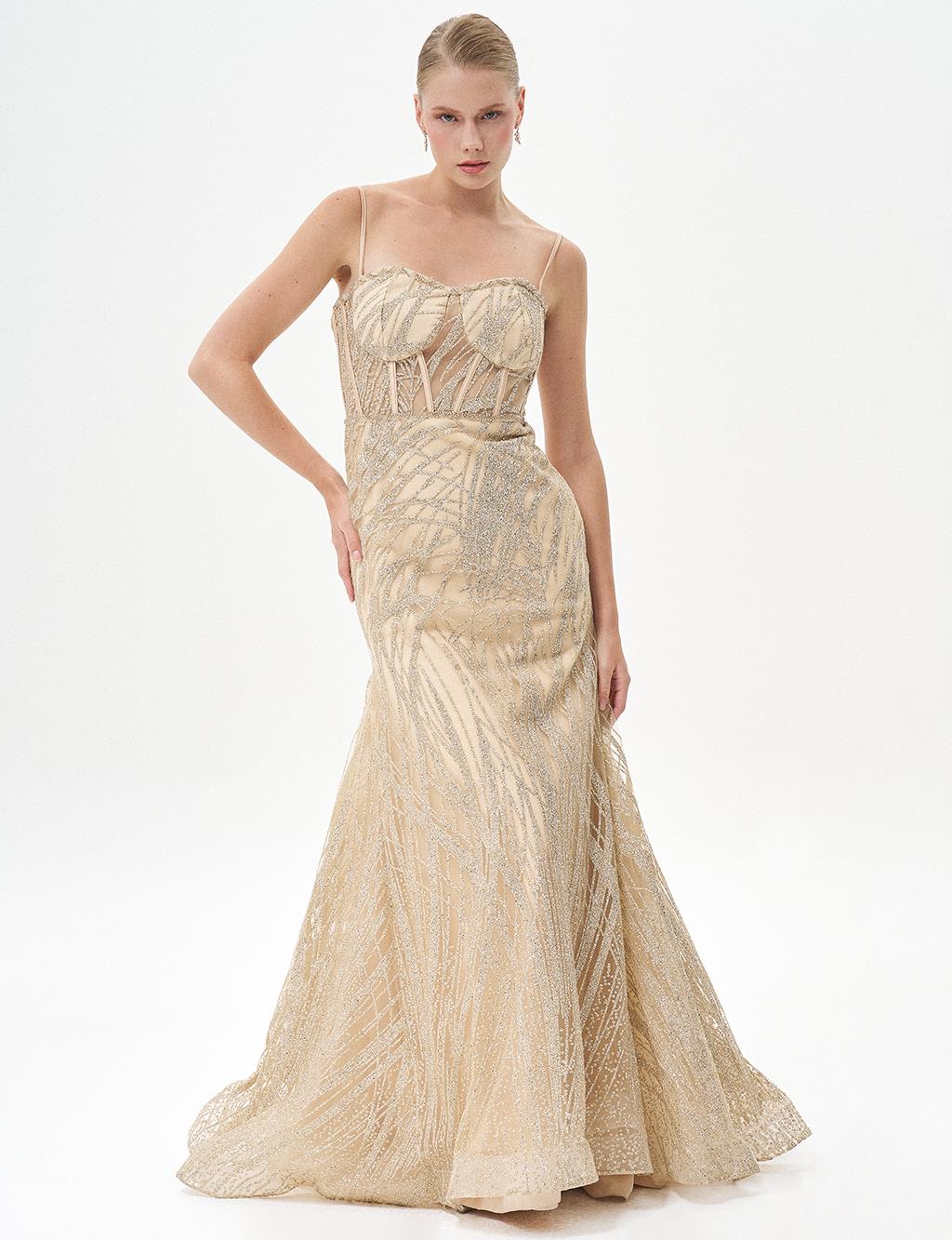 Thin Strapped Fish Shape Evening Dress Gold