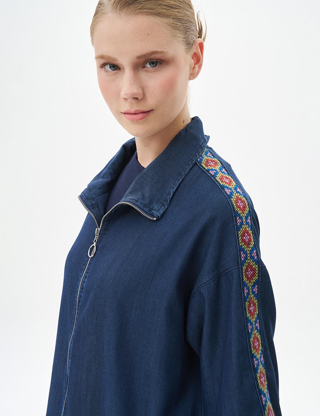 Ribbed Stand Collar Ethnic Patterned Wear-and-Go Navy Blue